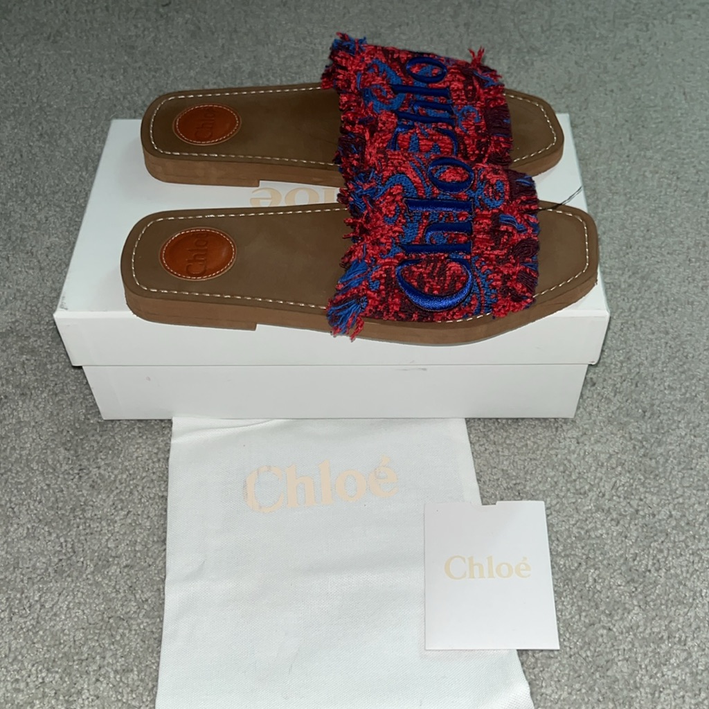 Chloe Woody Tweed Red Blue Flat Sandal Mule Slides 38 Us 7/7.5